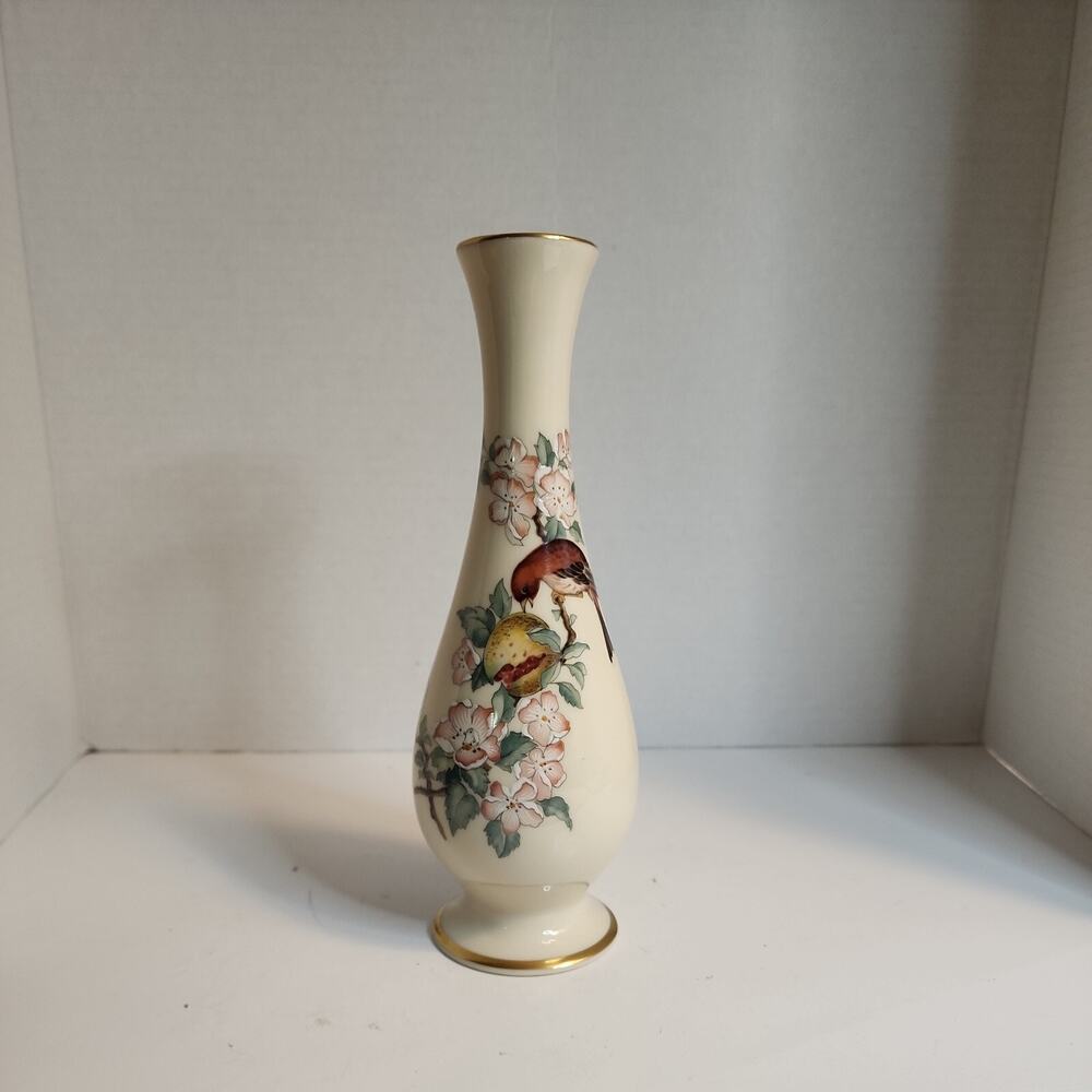Vtg Lenox Cherry Blossom Serenade Bud Vase Porcelain Flowers Bird Gold Trim-USA